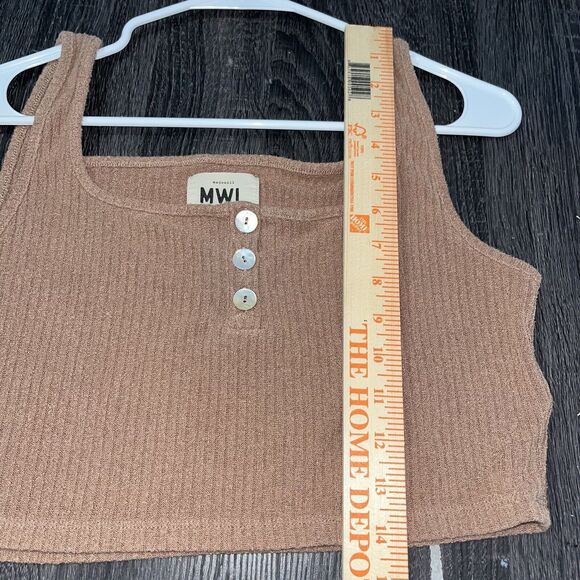 Madewell MWL Large Sleeveless Ribbed Knit Square Neck Henley Crop Tank Top Brown - Picture 10 of 11